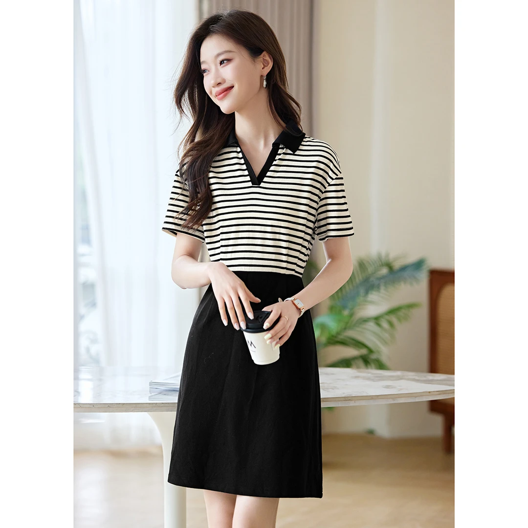 沫晗依美2025夏休闲POLO领连衣裙时髦假两件条纹连衣裙女49903