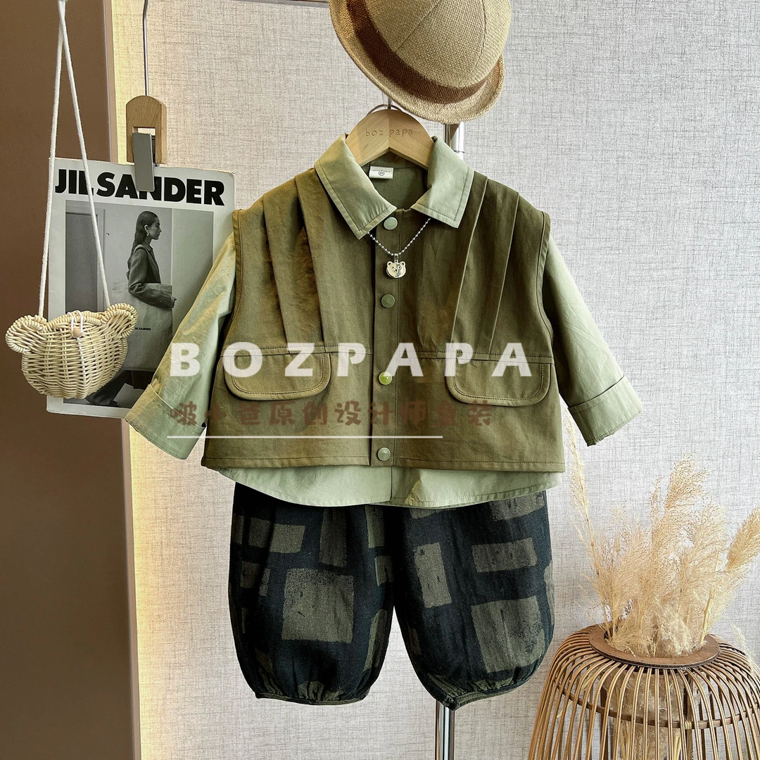 啵小爸【抹茶痕迹】2025春秋季男童韩系休闲褶皱设计马甲三件套