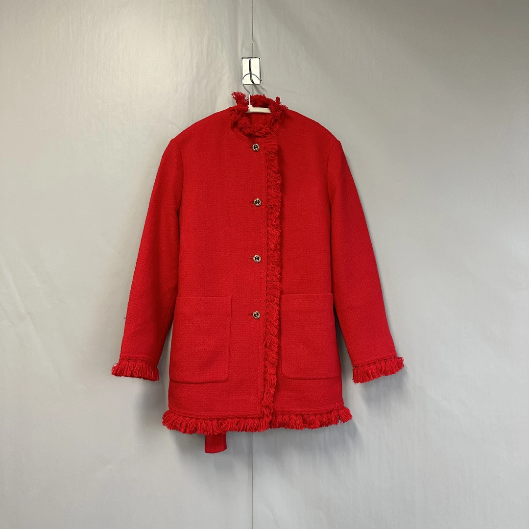 99新 GUCCI/古驰 小香风束腰流苏针织毛呢外套 38码 99新