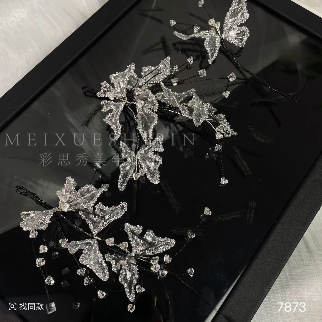 7873银灰黑色羽毛边夹头饰新娘结婚婚纱晨袍礼服发饰影楼跟妆