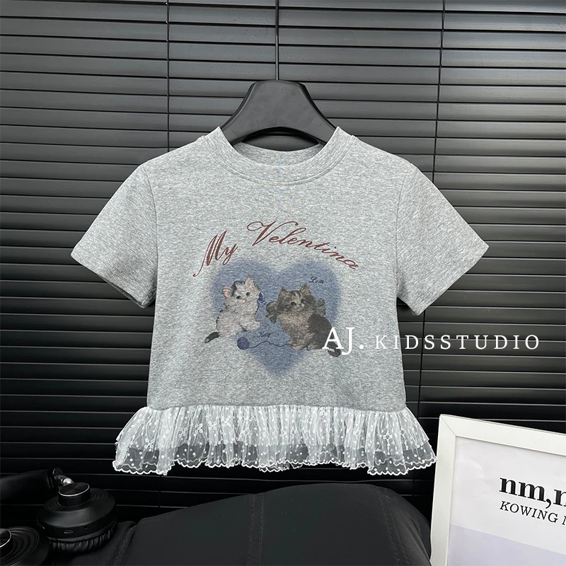 Q【现货】阿卷夏装韩版儿童甜美蕾丝拼接套头印花短袖T恤MPG6004