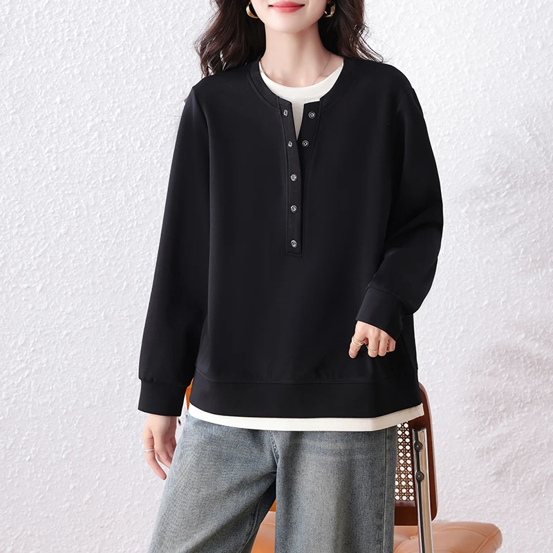 时尚宽松遮肉高级假两件上衣2025秋季新款胖妹妹简约显瘦减龄卫衣