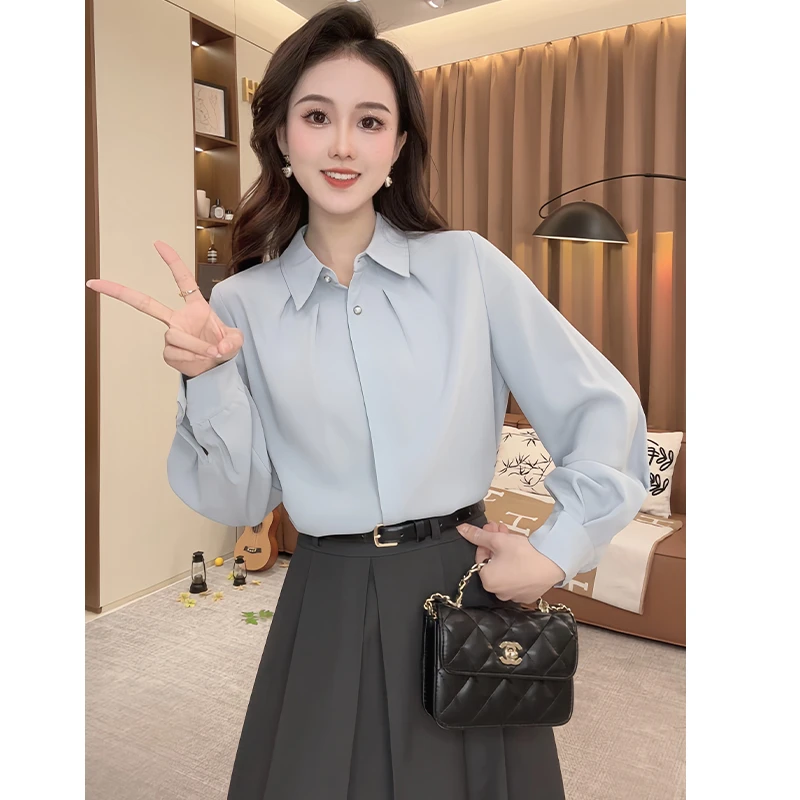 日系复古早春衬衫女2025新款POLO领蓝色小清新设计感长袖百搭上衣