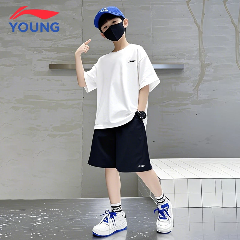 李宁儿童套装男童夏季速干短袖T恤薄款运动短裤透气潮流两件套