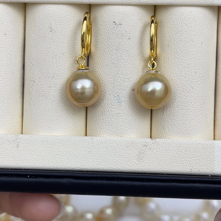 海水珍珠耳饰银S925镶嵌金珠耳扣11-12mm