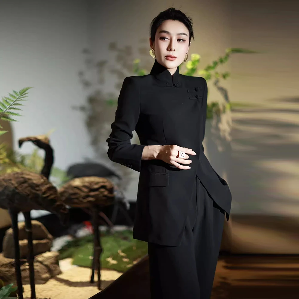 2025春高级感时尚套装御姐气质中式盘扣宽松西装阔腿裤职业两件套