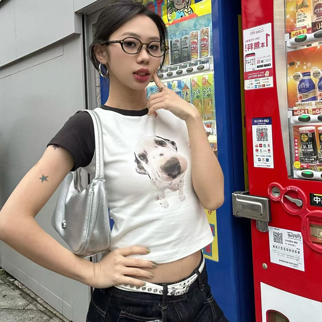 Pp【现货售完不补】小狗爪印花不称斑点狗插肩短袖上衣Z25022708