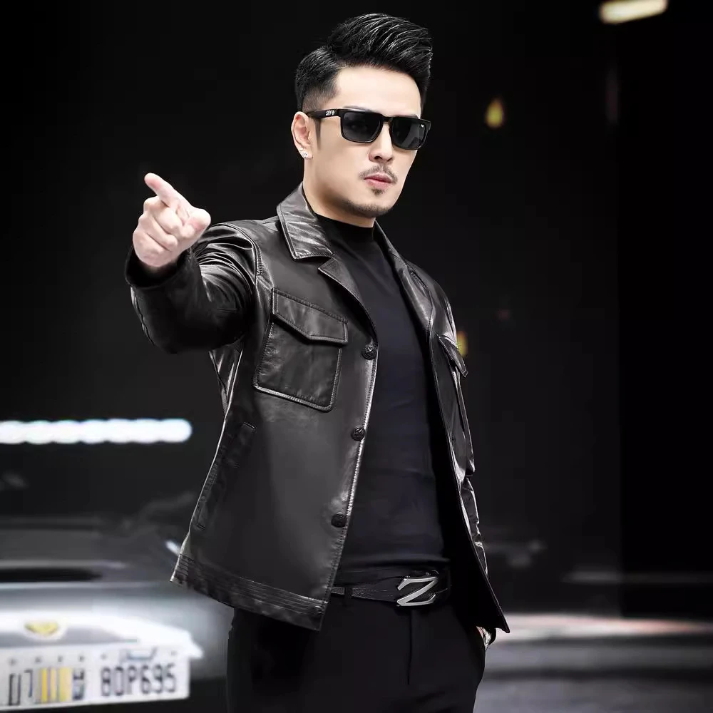 海宁皮衣男真皮山羊皮机车皮夹克青年西装领短款薄款单皮外套潮