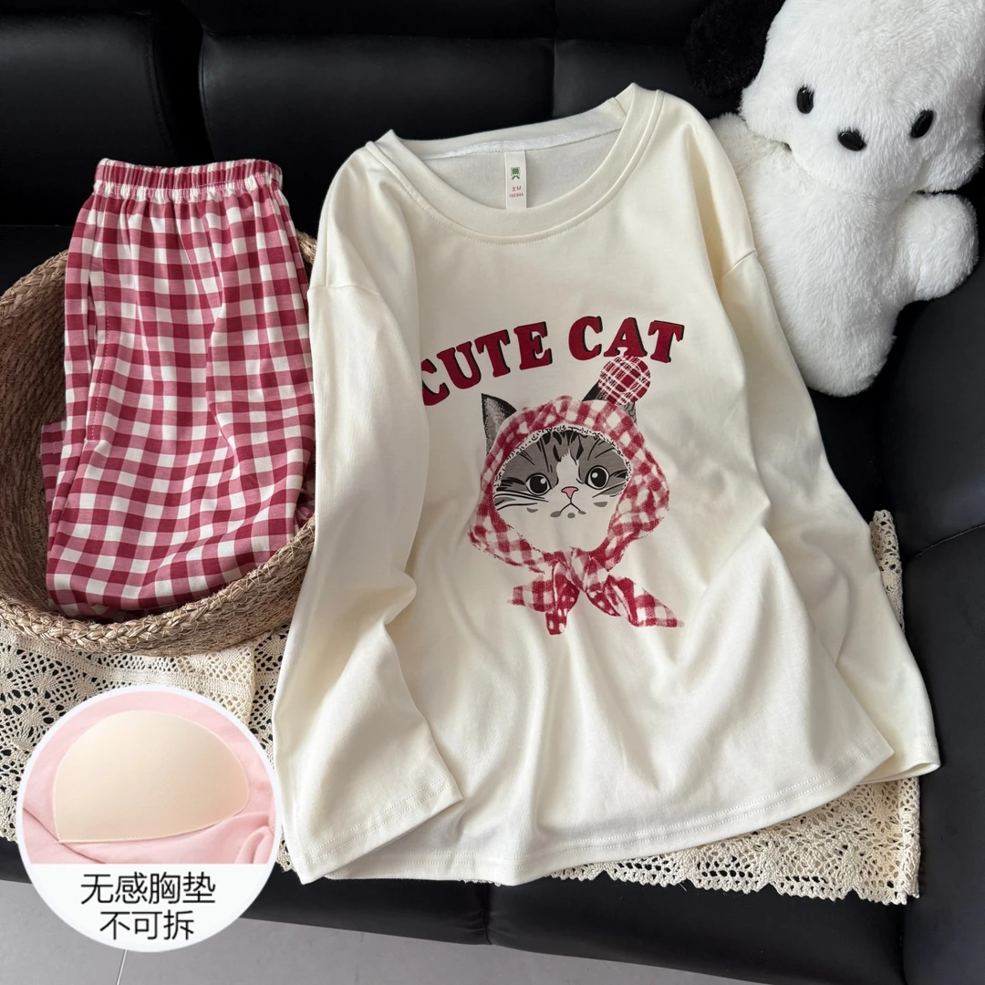 睡衣女春秋季加密精梳棉长袖大码公主风带胸垫红格猫咪套装家居服