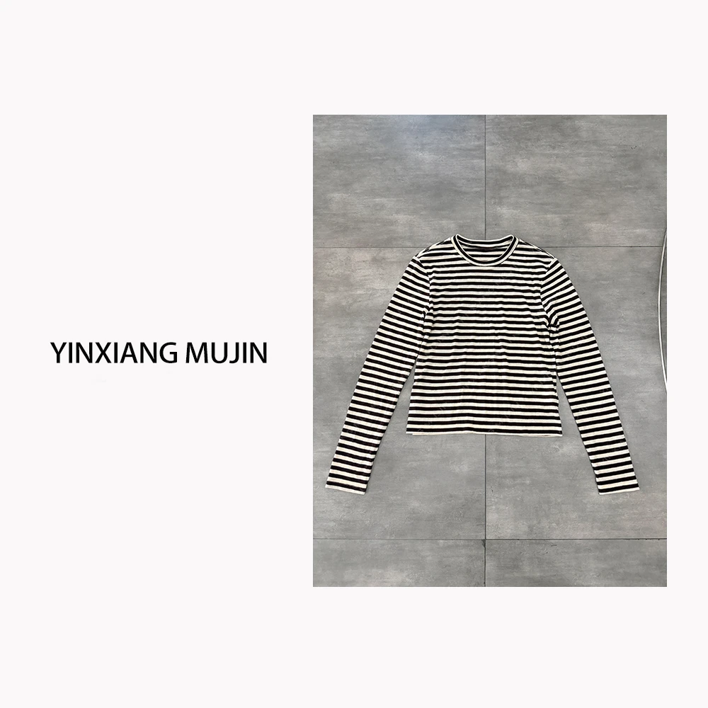 【YINXIANG MUJIN】条纹针织T恤 秋冬长袖小衫套头细羊毛混纺上衣