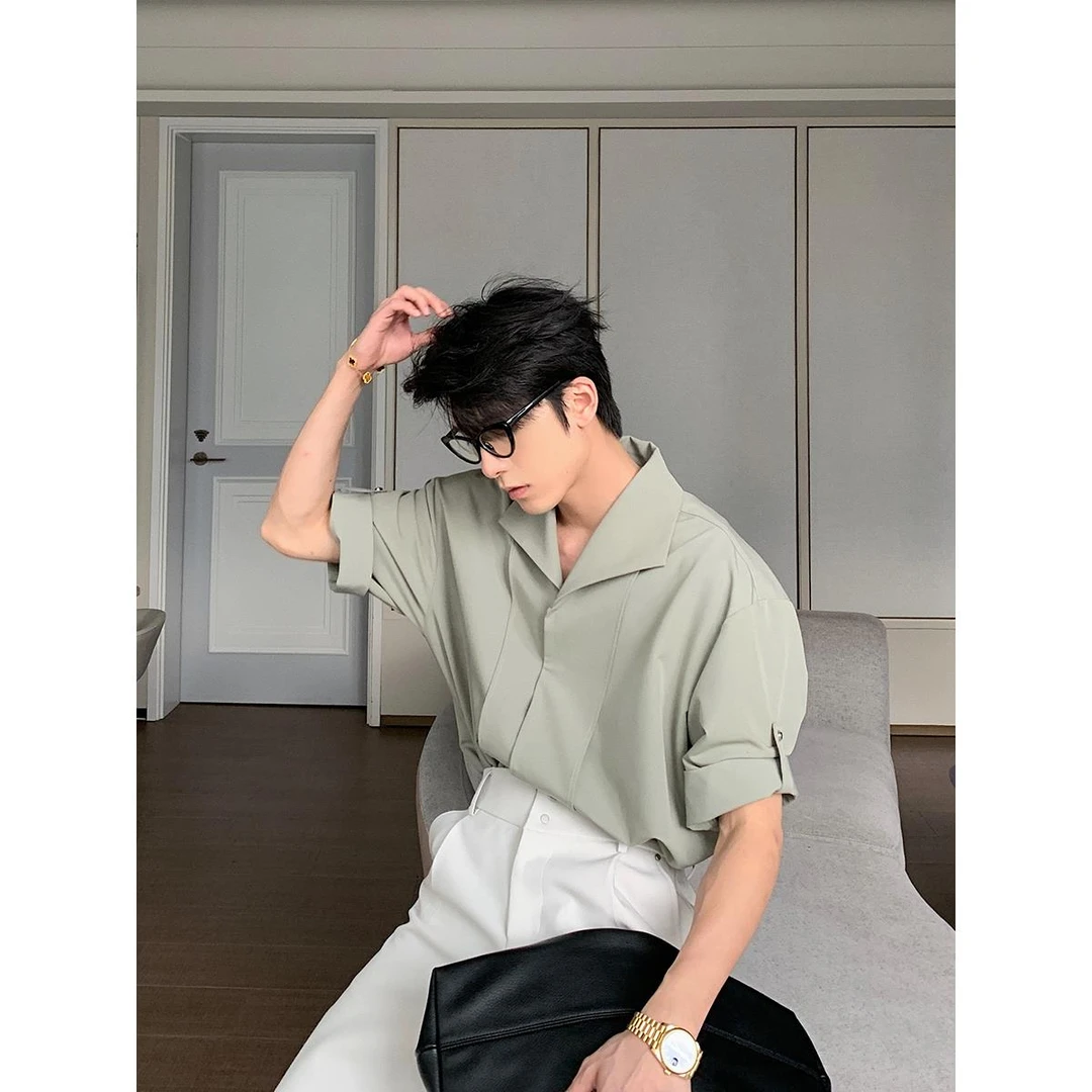 衬衫夏季休闲轻熟风免烫套装青春流行短袖设计感潮流格子痞帅薄款