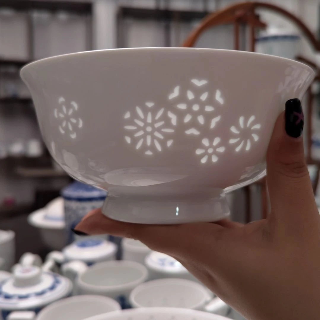 陶瓷纯白皮球花6寸面碗两只装