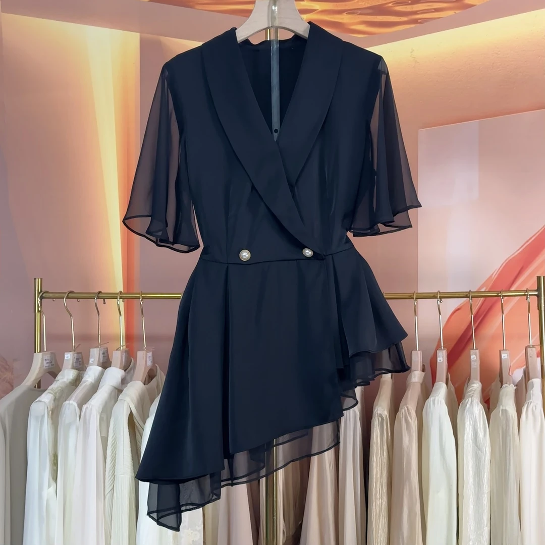 【RG501】2025新款黑色显瘦洋气收腰名媛设计感女士上衣