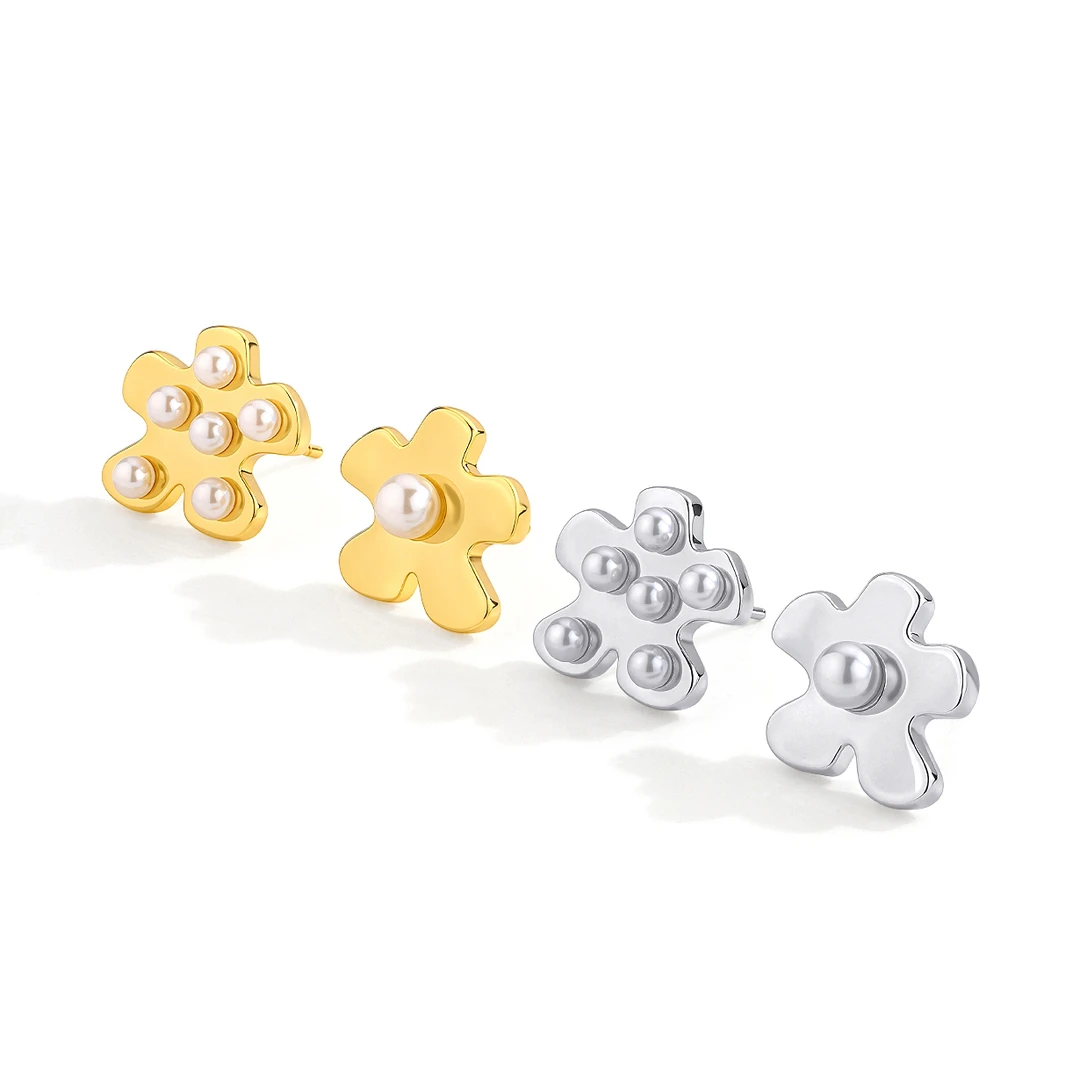 铜合金耳饰 花朵珍珠耳钉女AB款不对称中古vintage镀金轻奢高耳饰