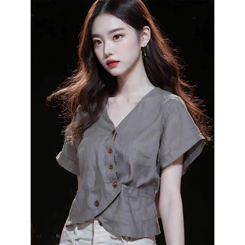 法式设计感v领灰色显瘦短袖衬衫女夏季独特别致漂亮小衫短款上衣