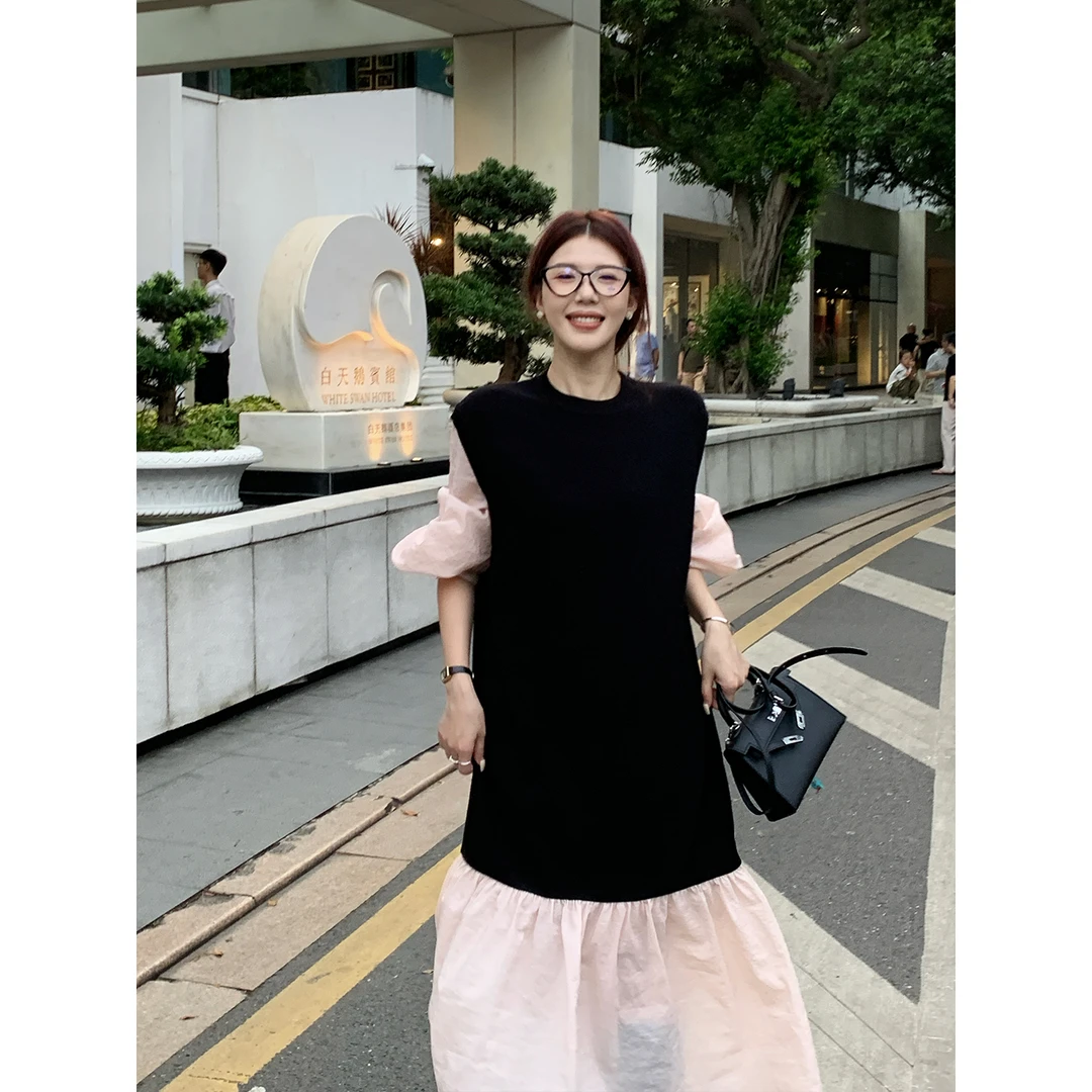 甜辣多多【闲庭粉叙】针织拼接假两件连衣裙女秋冬长袖宽松A字长裙