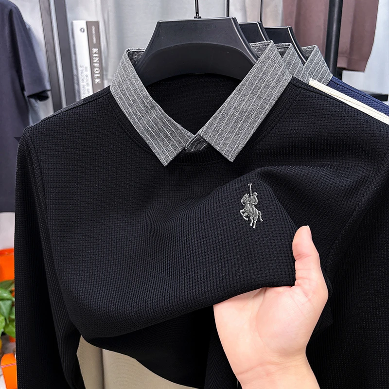 男士秋季新款假两件长袖刺绣小马百搭翻领POLO衫商务休闲 内搭衣