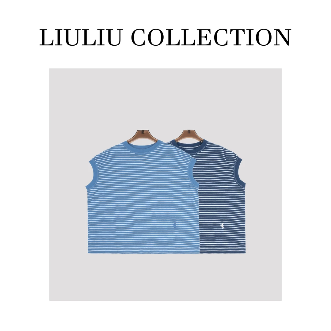 减龄文艺 简约全棉海马刺绣蓝白条纹翻领无袖T恤女夏季上衣K61