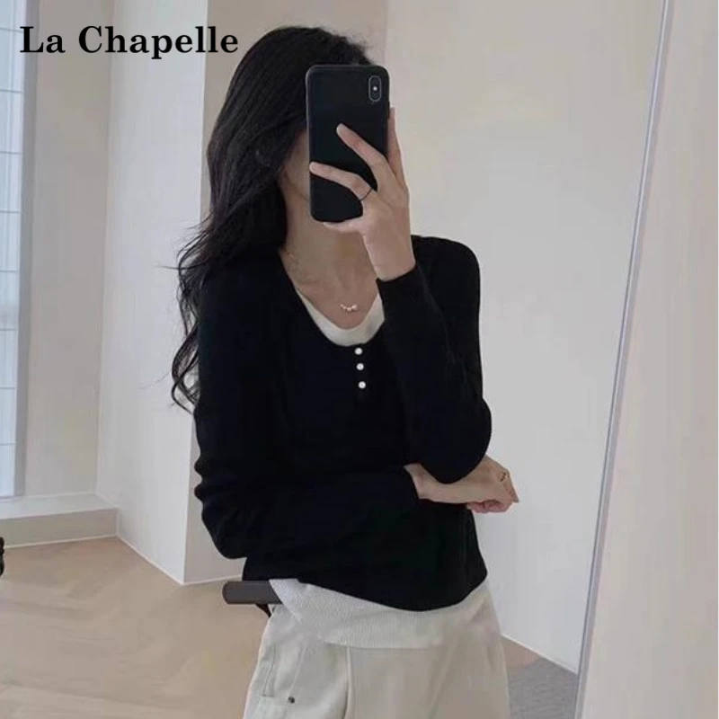 La Chapelle/拉夏贝尔假两件圆领长袖新款春秋修身内搭打底衫