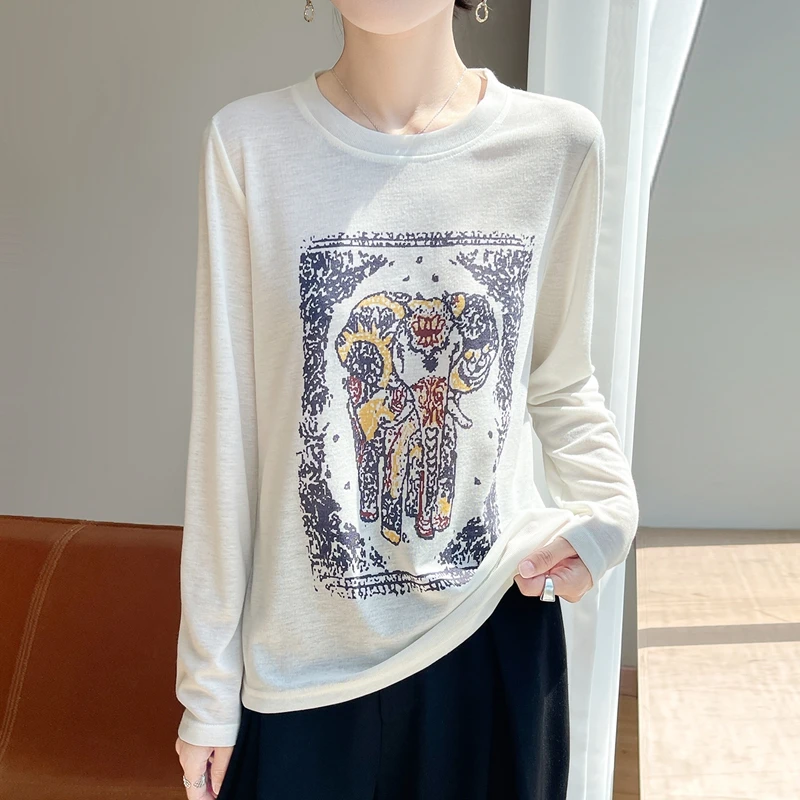 【茶芙巷】早秋季法式印花女针织打底衫宽松早秋时尚休闲长袖【YJL】