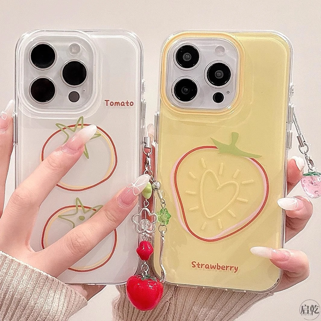 可爱线条西红柿草莓挂件iPhone16/15手机壳适用苹果14/13promax女