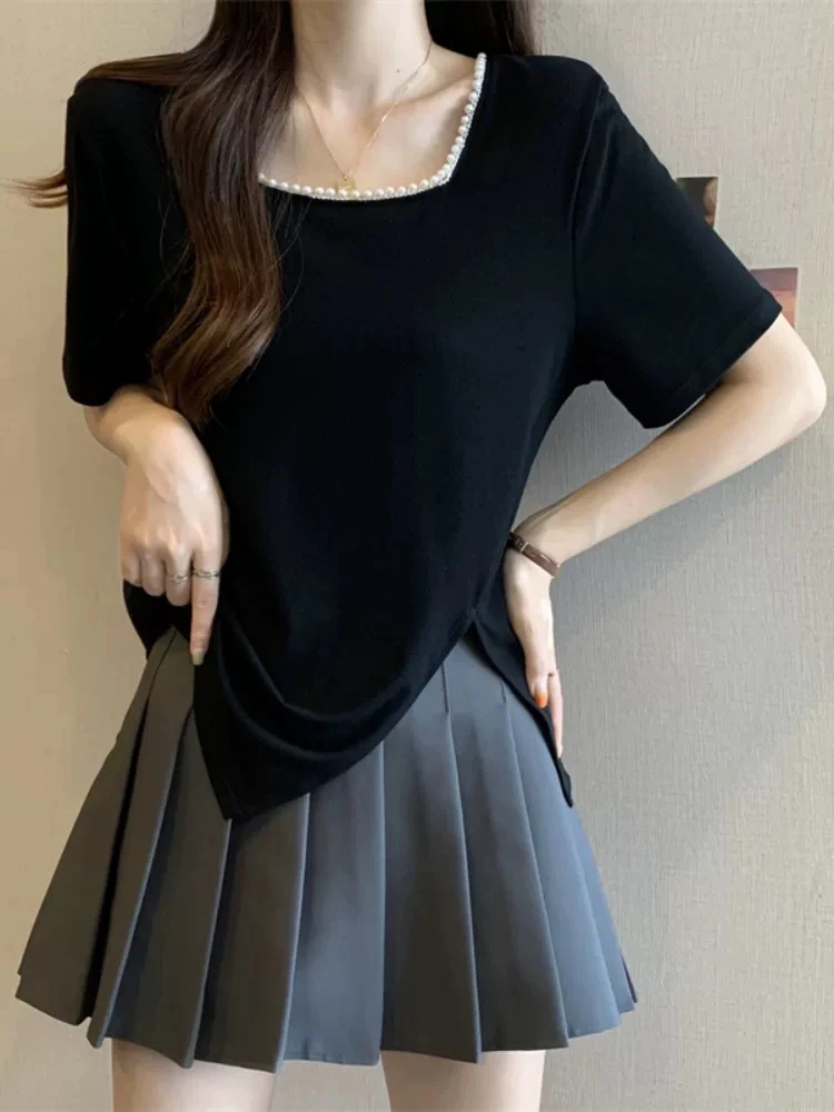 【美美L】思情依人90156夏季新款短袖方领串珠T恤不规则上衣