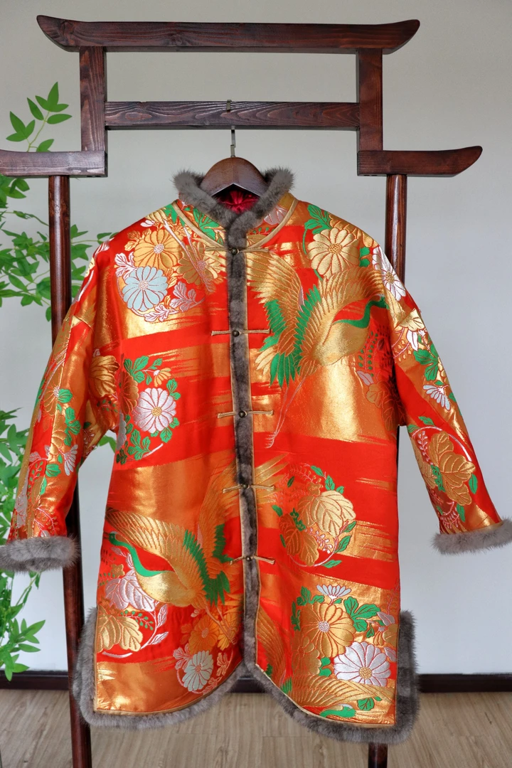 绣集东芳缂丝花嫁衣立领对襟加棉厚款中长款棉衣中国风中式冬季