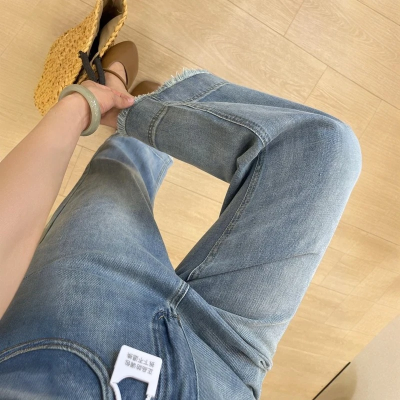 夏季薄款直筒牛仔裤女大码高腰宽松微胖显瘦小个子毛边九分阔腿裤