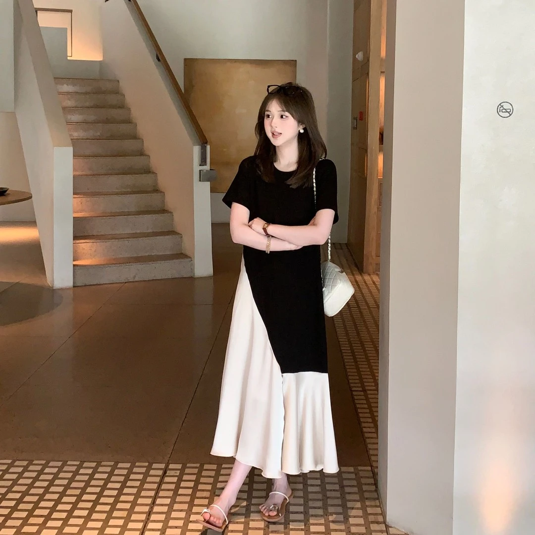 【小个子定制】短袖拼接拼色夏季常规袖连衣裙收腰修身港风纯欲风