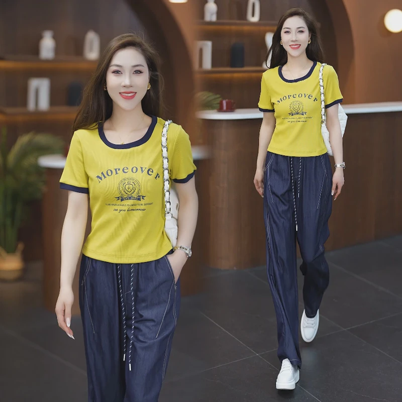 时尚休闲套装女2025夏季新款洋气减龄短袖牛仔裤高级感时髦两件套