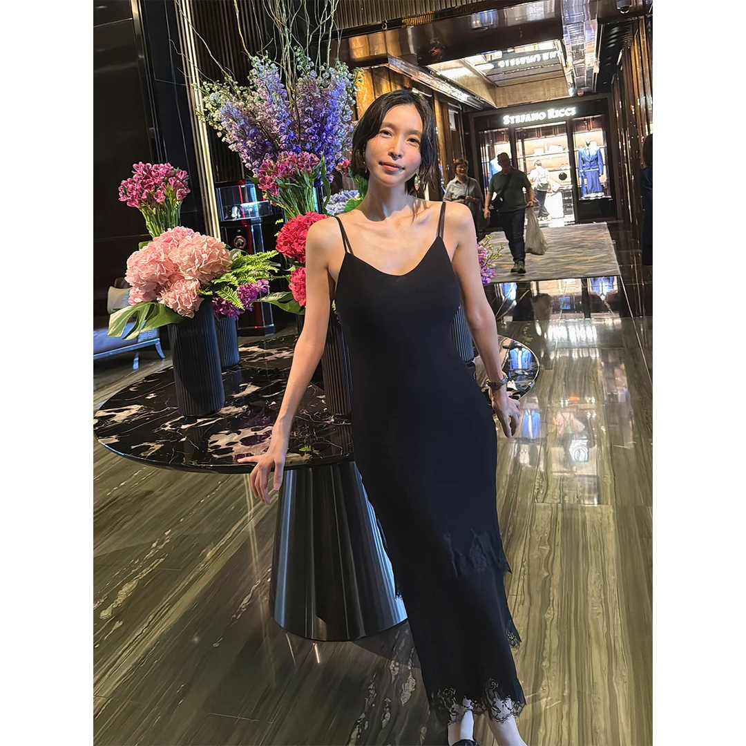 Daily romance25法式气质黑双层顺纡列维斯蕾丝吊带连衣裙