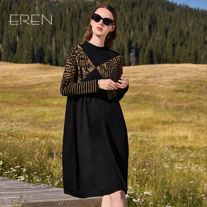 卡米兰法式高腰针织连衣裙女2025秋季新款宽松中长款毛衣打底裙