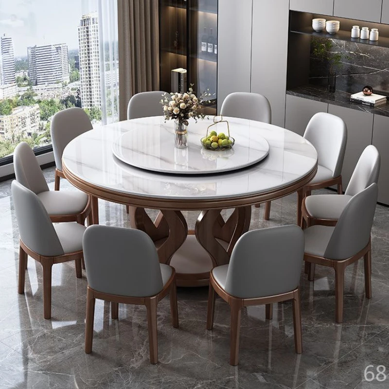 高端岩板餐桌椅组合现代简约家用小户型圆形实木轻奢圆桌转盘饭桌