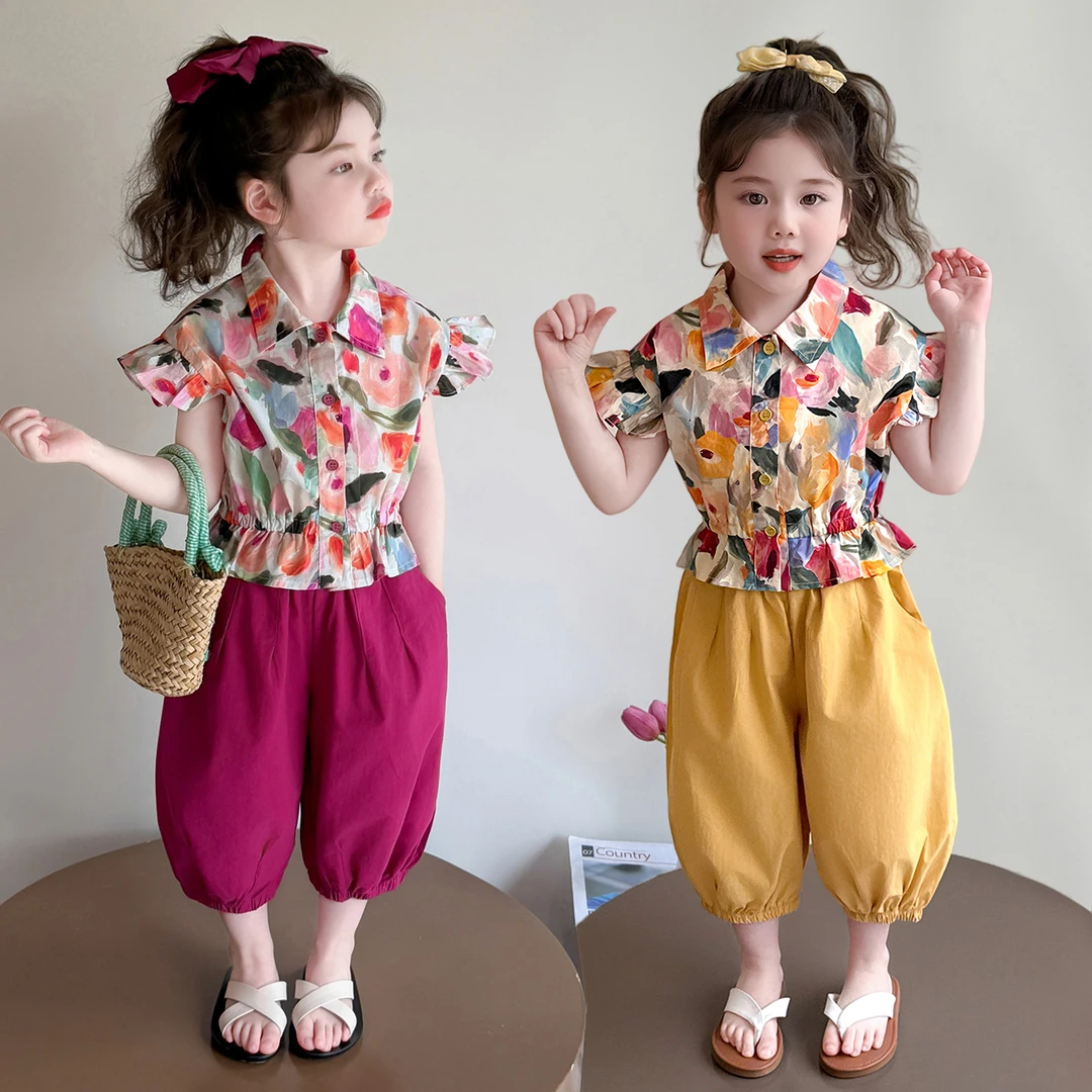 女童夏套装2025新款洋气儿童碎花飞袖灯笼裤宝宝多巴胺夏装两件套