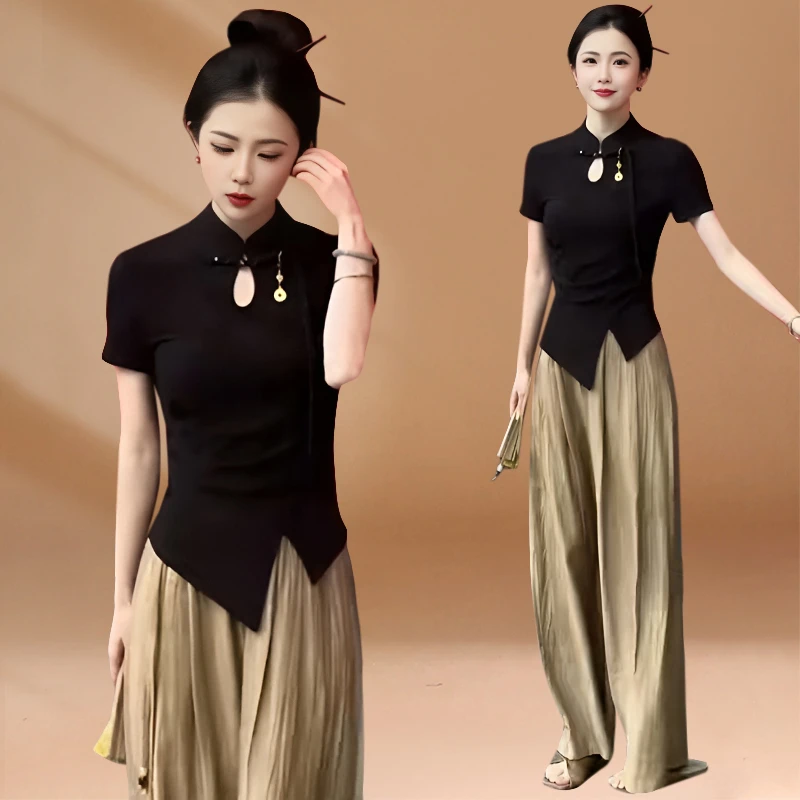 2025夏季新款国风立领套装女镂空短袖T恤不规则上衣阔腿裤两件套