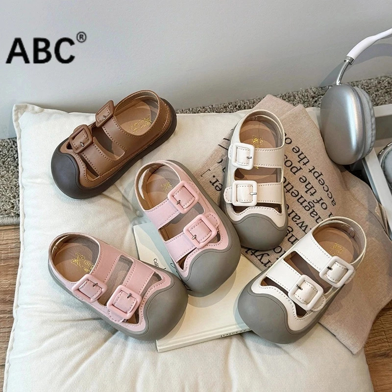 ABC2025夏季韩版儿童包头凉鞋防踢男女童复古透气百搭沙滩鞋休闲