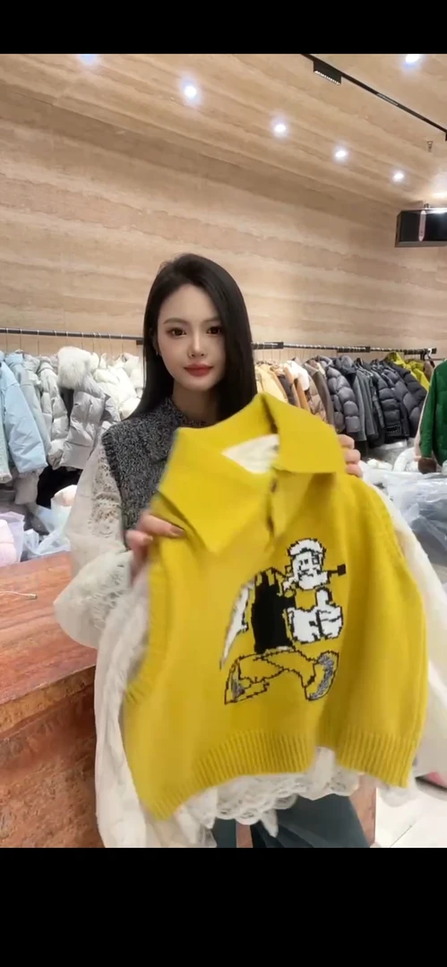 抽象提花翻领针织马甲蕾丝衫两件套女洋气小众无袖毛衣背心秋冬装