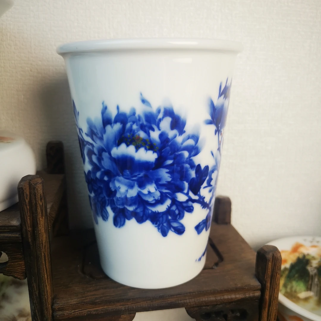 忠意堂釉下彩高温瓷手绘青花牡丹可乐杯茶杯瓷杯直筒杯陶瓷