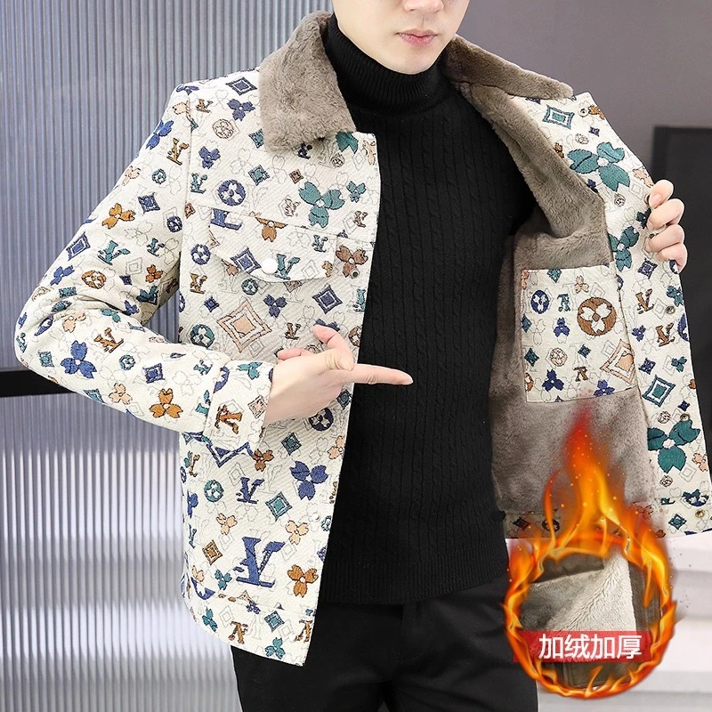 CQV冬季加绒加厚夹克男士翻领短款潮流外套新款休闲印花保暖衣服