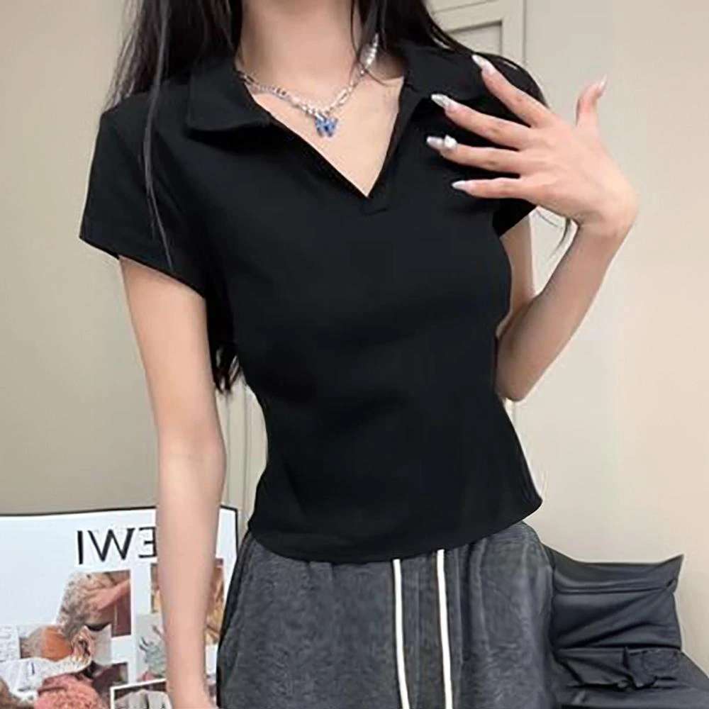 黑色螺纹POLO领短袖T恤女夏季新款显瘦不规则翻领体恤V领气质上衣
