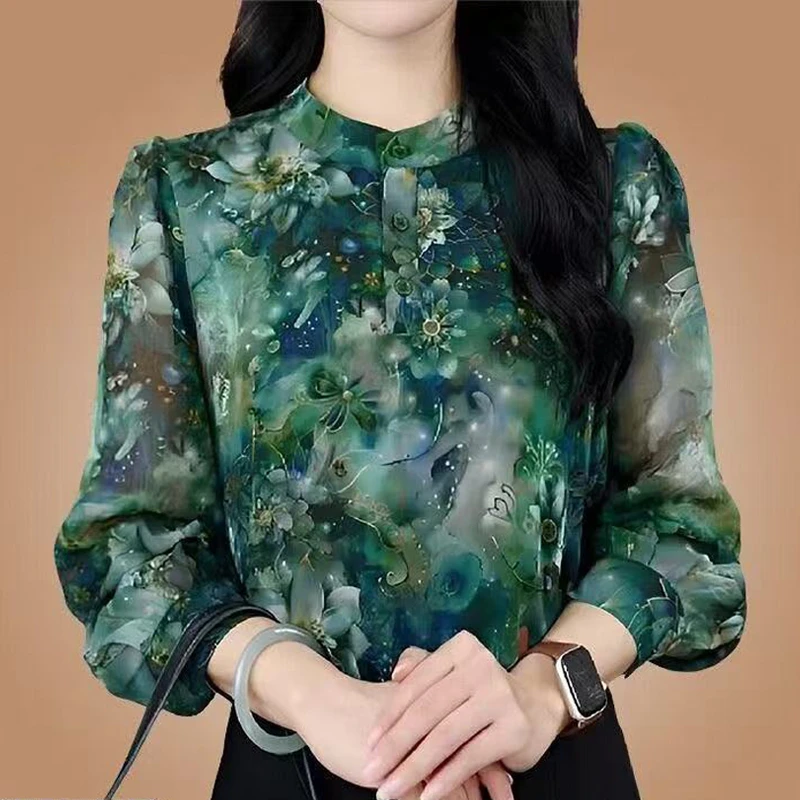 雪纺衬衫女长袖2025春秋新款绿色碎花小衫妈妈宽松显瘦减龄上衣