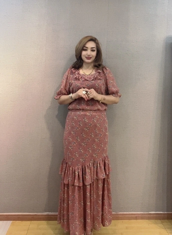 时尚套装长款碎花针织红色蕾丝套装休闲气质短袖