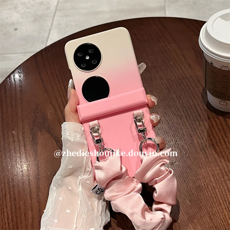 适用华为pocket2手机壳p50pocket s高级感渐变晕染丝巾手腕带全包