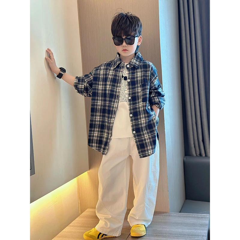 男童春夏长袖格子衬衫2025新款中大童薄款时尚潮酷复古撞色防晒衣