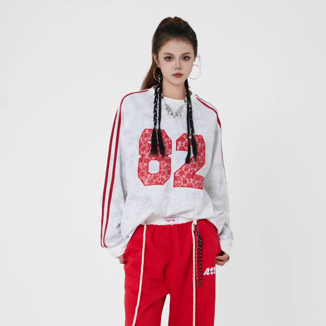 女装美式复古宽松数字印花长袖T恤AD121I8620