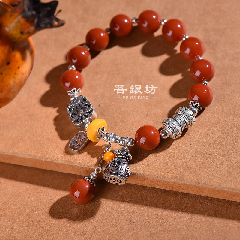 【菩银坊】南红 并蒂莲钱袋红珠手链