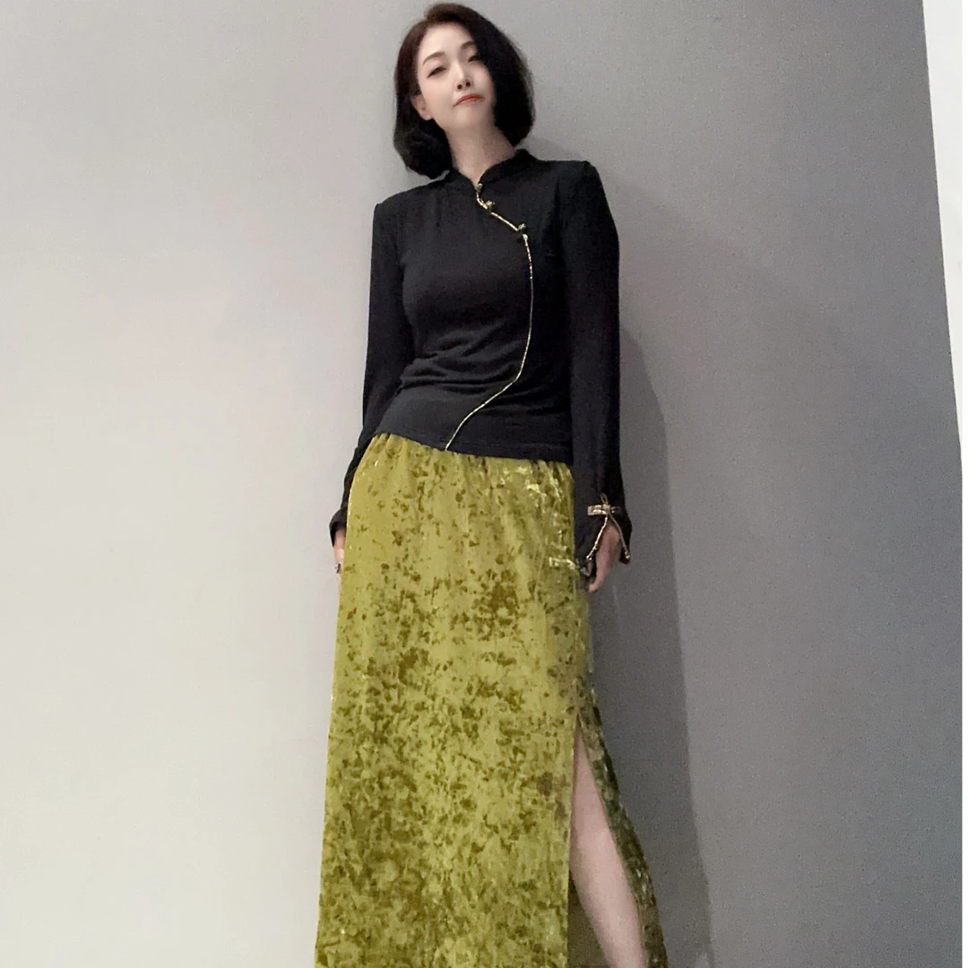 高级时尚精致慵懒风双色丝绒半身裙半裙MS10265