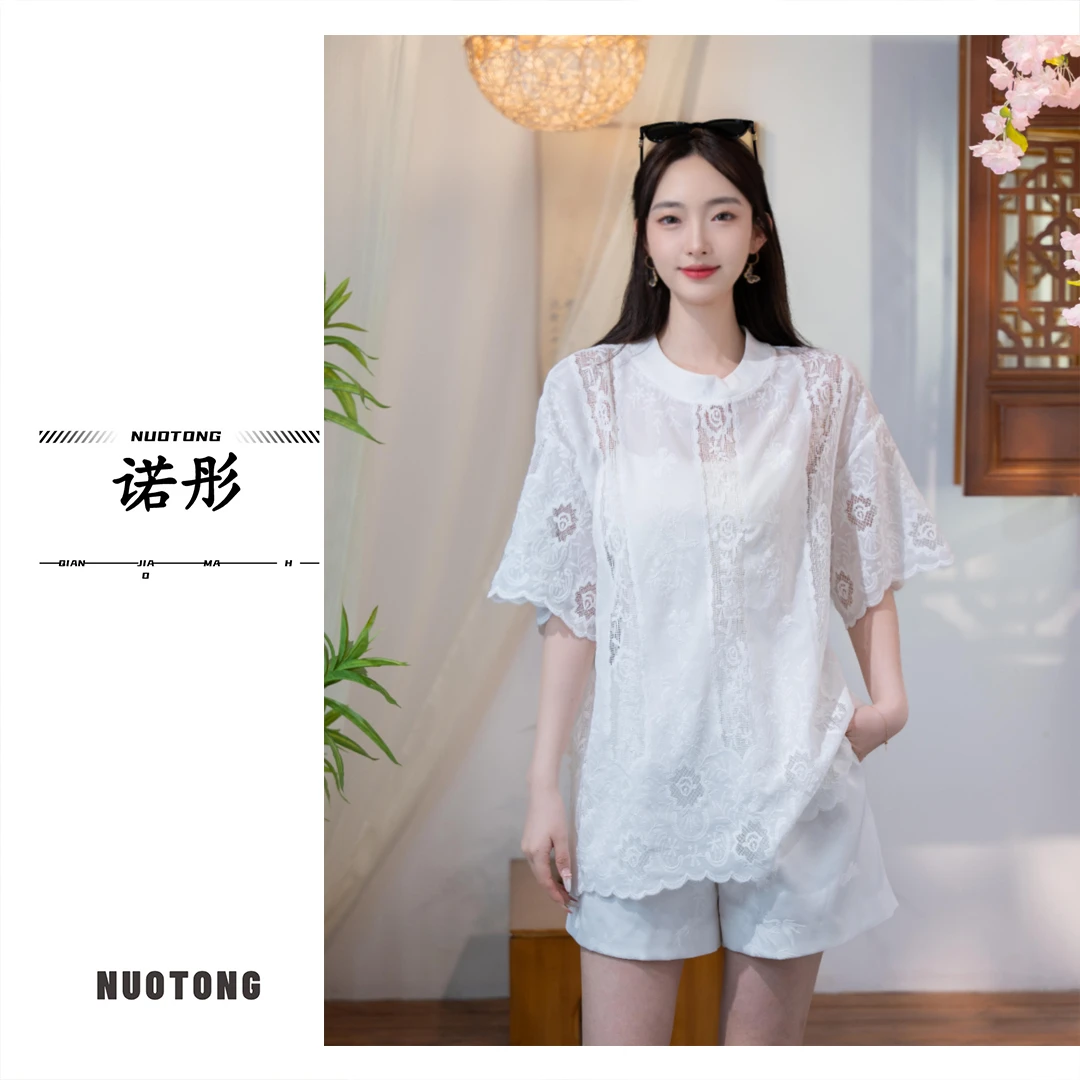 新中式高级定制高级百搭时尚刺绣镂空夏季T恤【诺彤】SH0658