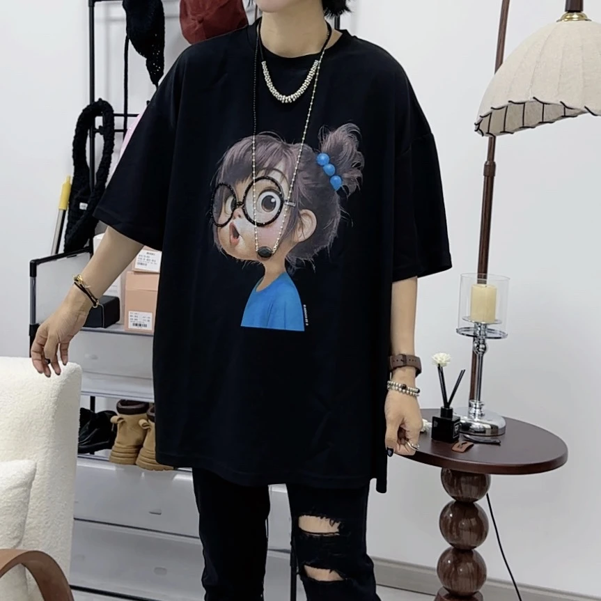 【芬芬姐精选】夏季加大款眼睛女孩印花短袖休闲设计感时尚休闲T恤