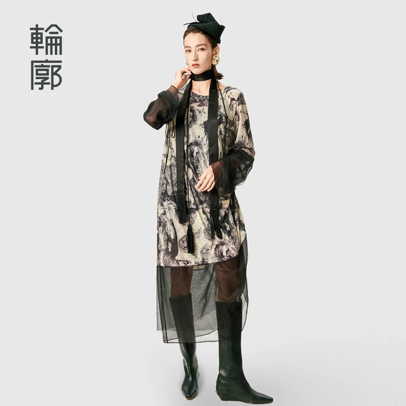 轮廓纷繁水墨诗意拼接连衣裙复古抽褶简洁女装长裙休闲夏L241Y021